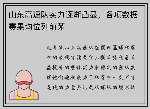 山东高速队实力逐渐凸显，各项数据赛果均位列前茅